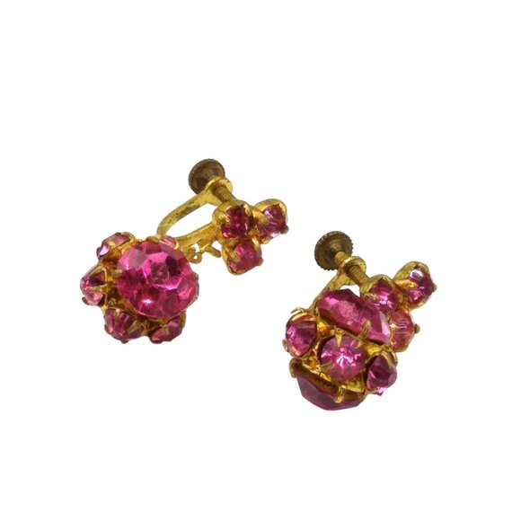 Vintage Czech Crystal Bead Drop Earrings, Perfect Pink Encrusted Dangles, Gold - Picture 3 of 5